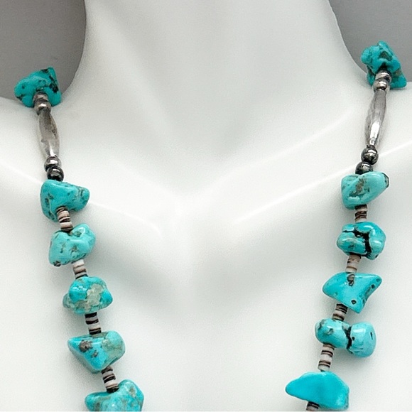 Vintage Southwestern Turquoise Nugget Heishi Sterling Silver Necklace - Picture 3 of 10